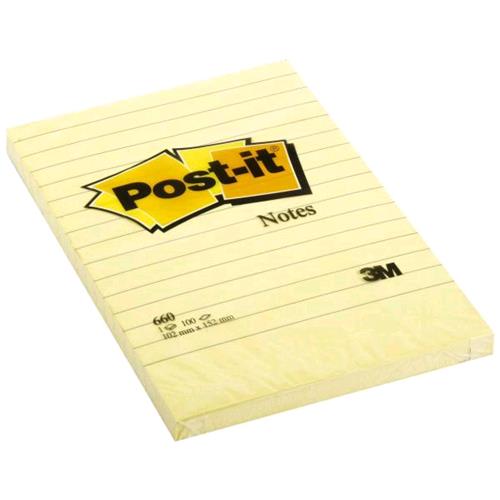 3M POST-IT LARGE NOTE 660 BLOCCHETTI 100 FOGLI POST-IT A RIGHE 102MMx152MM COLOR
