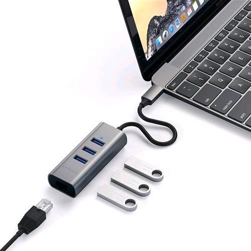SATECHI HUB IN ALLUMINIO 2 IN1 3 PORTE USB 3.0 TIPO-C CON PORTA ETHERNET COMPATI