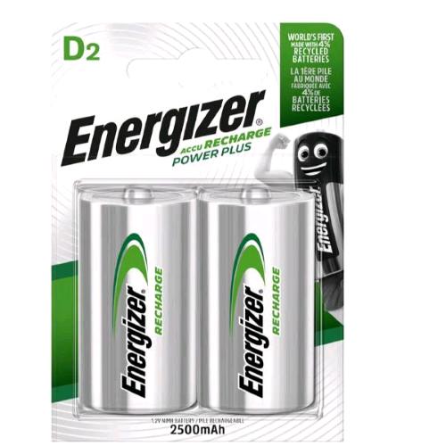 ENERGIZER POWER PLUS RECHARGE BATTERIE RICARICABILI D2 TORCIA 2.500mAh CONF 2 Pz