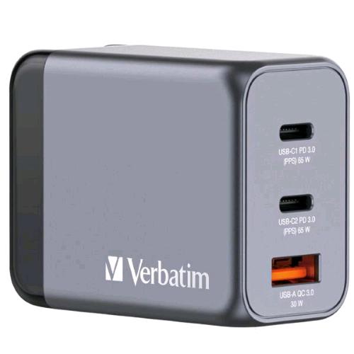 VERBATIM GNC-65 GaN CHARGER CARICABATTERIE DA RETE 65 W 3 USCITE 1 x USB-A 2 x U