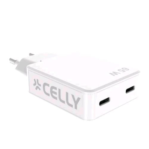 CELLY SLIM CARICABATTERIE DA RETE GaN 65 W 2 x USB-C SOLO 1cm DI SPESSORE BIANCO