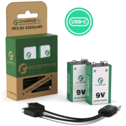 ECOSTRIKE BATTERIE RICARICABILI AL LITIO TRANSISTOR 9V 500 mAh RICARICA TRAMITE