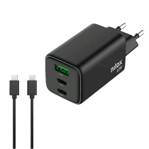 NILOX CARICABATTERIE DA RETE GaN 65 W 3 PORTE 2 x USB-C 1 x USB-A + CAVO USB-C 2