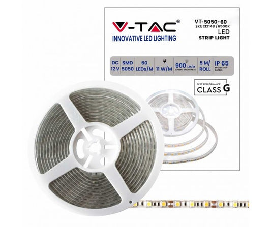 STRISCIA LED VT-5050-60 60LED/MT 12V STRIP 5MT 11W/M BIANCO FREDDO 6500K IP65 (2