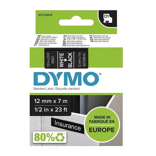 DYMO D1 NASTRO PER ETICHETTE IN POLIESTERE 12 MM X 7 MT NERO STAMPA BIANCA