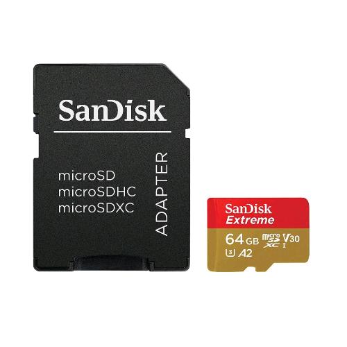 SANDISK EXTREME MICROSDXC 64GB+ ADATTATORE SD 170MB/S 80MB/S A2 CLASSE 10 V30 OR