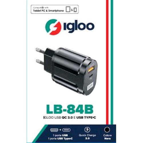 IGLOO LB-84B CARICABATTERIE DA RETE QUICK CHARGE 3.0 2 PORTE USB-A + USB-C 18 W