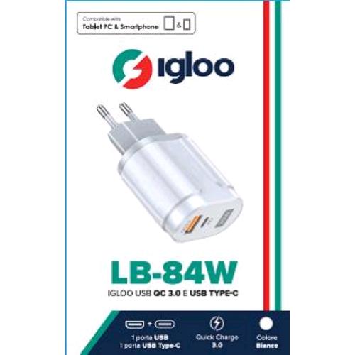 IGLOO LB-84W CARICABATTERIE DA RETE QUICK CHARGE 3.0 2 PORTE USB-A + USB-C 18 W