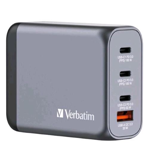 VERBATIM GNC-100 GaN CHARGER CARICABATTERIE DA RETE 100 W 4 USCITE 1 x USB-A 3 x