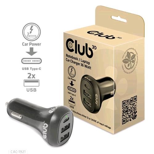 CLUB3D CAC-1921 NOTEBOOK CAR CHARGER CARICABATTERIE DA AUTO PER NOTEBOOK 36 W 1