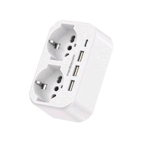MEDIACOM MD-PM107 MULTIPRESA 2 SCHUKO 16A + 3 USB-A + 1 USB-C PD 65 W BIANCO