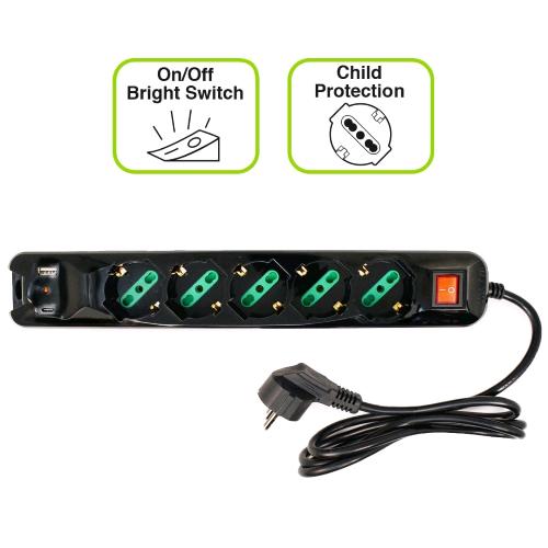 TECNOWARE FMP5GIGUSB MULTIPRESA 5 POSTI SCHUKO/ITALIA 10/16A 1 x USB-A 1 x USB-C