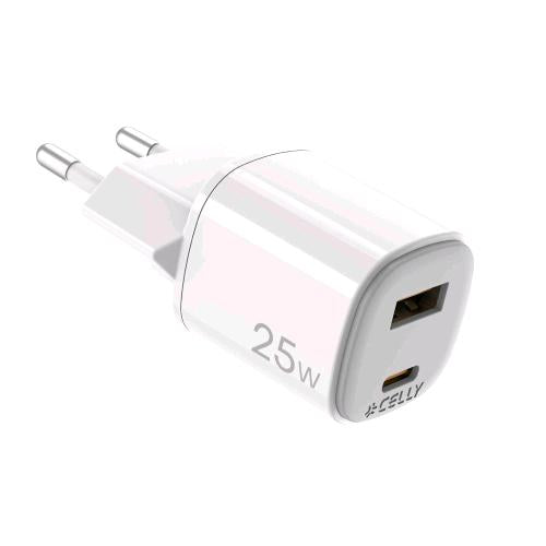 CELLY UPTC CARICABATTERIE DA RETE GaN 25 W 2 USCITE 1 x USB-A 1 x USB-C BIANCO