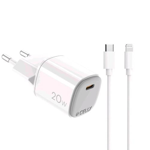 CELLY UPTC CARICABATTERIE DA RETE GAN 20 W 1 PORTA USB-C + CAVO DA USB-C A LIGHT
