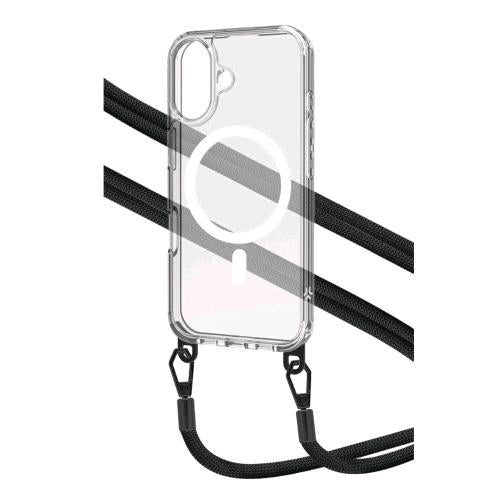 CELLY APPLE iPHONE 16 COVER MagSafe TRASPARENTE CON LACCETTO IN NYLON NERO