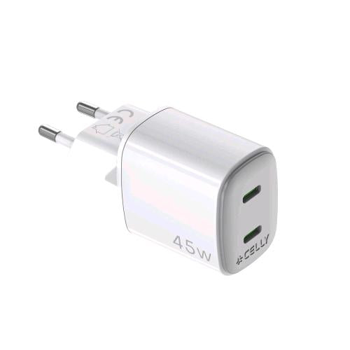 CELLY WALL CHARGER CARICABATTERIE DA RETE GaN 45 W 2 USCITE USB-C BIANCO
