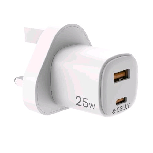 CELLY UP CARICABATTERIE DA RETE GaN CON SPINA INGLESE 25 W 1 x USB-A 1 x USB-C B