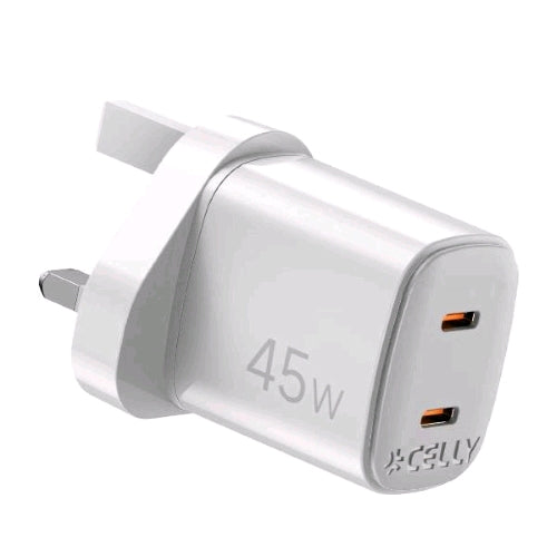 CELLY UP CARICABATTERIE DA RETE GaN CON SPINA INGLESE 45 W 2 x USB-C BIANCO