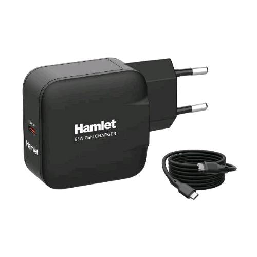 HAMLET CARICABATTERIE DA RETE GaN USB-C PD 65 W + CAVO USB-C MASCHIO/MASCHIO 2 M