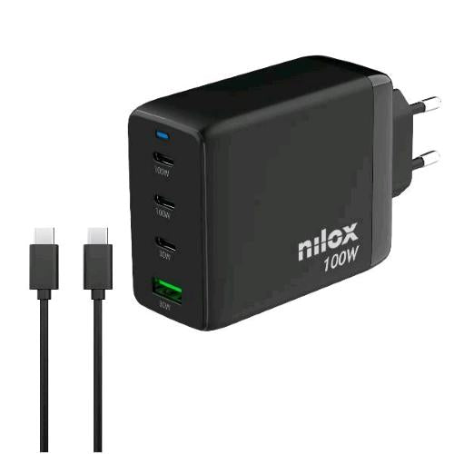 NILOX CARICABATTERIE DA RETE GaN 100 W 4 PORTE 3 x USB-C 1 x USB-A + CAVO USB-C