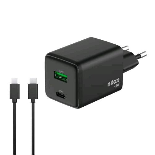 NILOX CARICABATTERIE DA RETE GaN 45 W 2 PORTE 1 x USB-C 1 x USB-A + CAVO USB-C 2