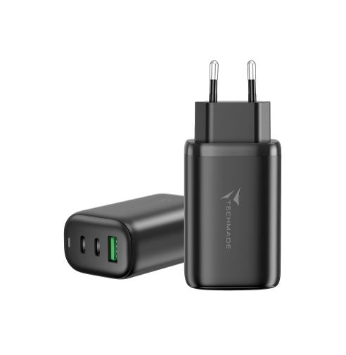 CARICATORE RAPIDO 65W GAN 3 PORTE (2USB-C USB-A) TECHMADE TM-P937-BK BLACK