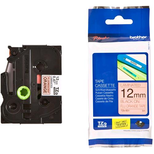 BROTHER TZE-B31 NASTRO LAMINATO 12MMx5MT COLORE ARANCIO FLUORESCENTE STAMPA NERO