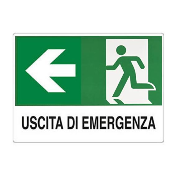 Cartello segnaletico uscita di emergenza con freccia a sinistra 30x20cm
