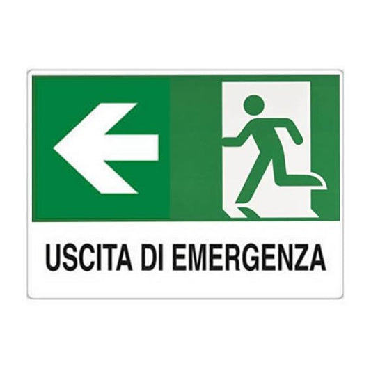 Cartello segnaletico uscita di emergenza con freccia a sinistra 30x20cm